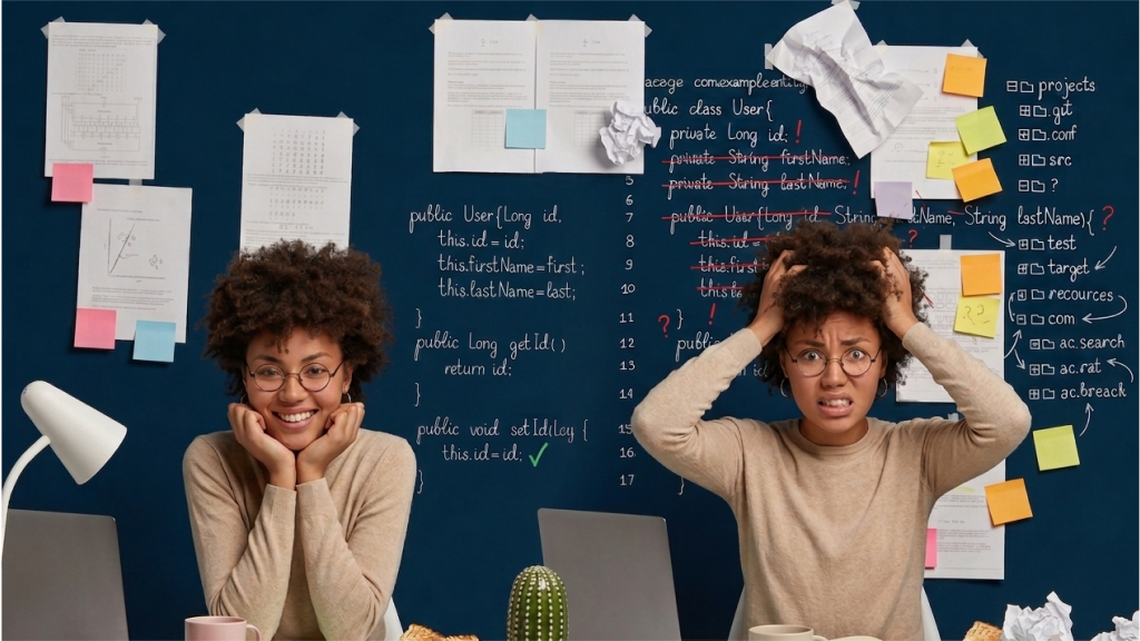 Student surrounded by bookmarked articles and sticky notes, feeling overwhelmed at the start of a thesis