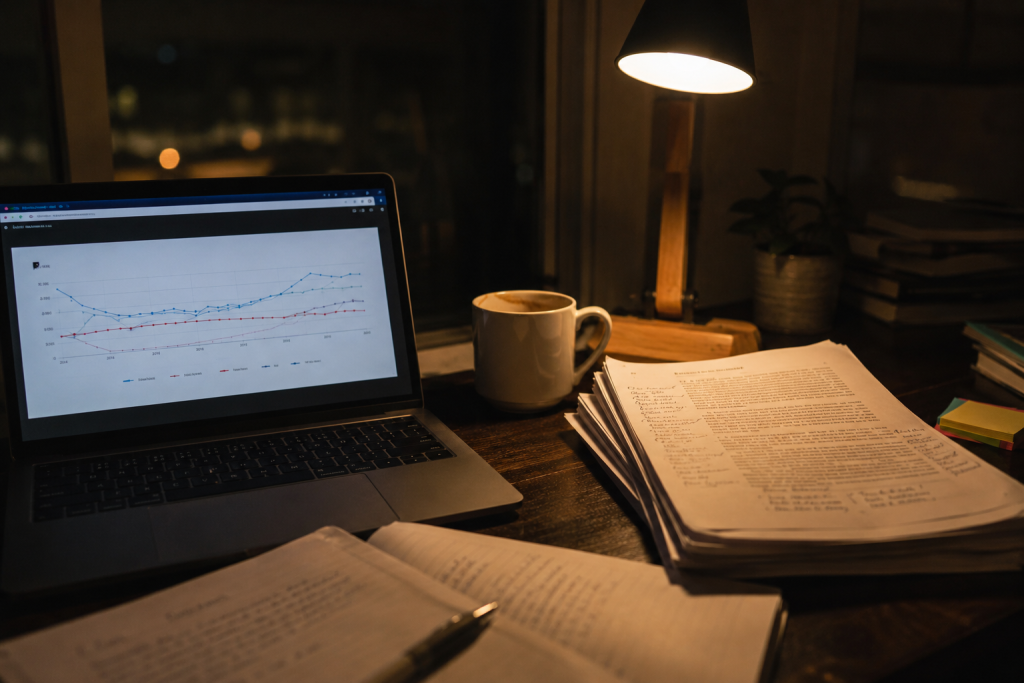 Student reviewing unexpected thesis results on a laptop at night"