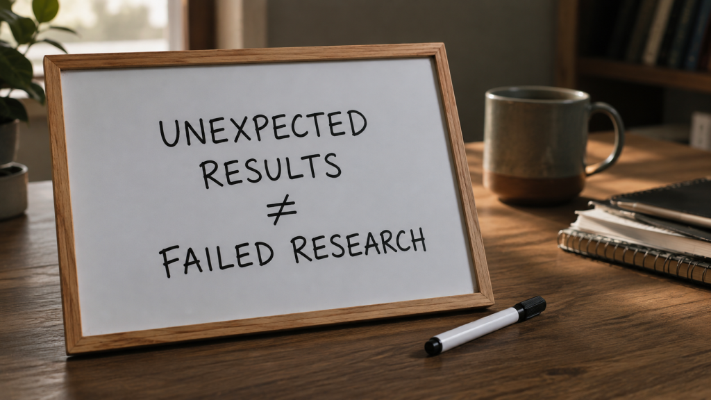 Whiteboard reading 'unexpected results does not mean failed research' on a desk